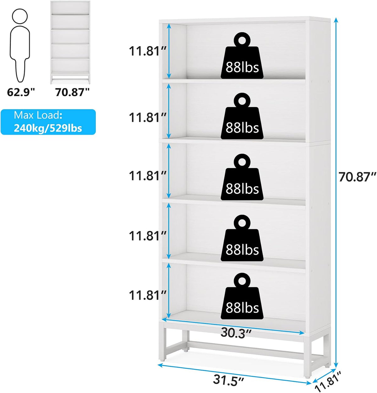 White 5‑Tier Tall Free‑Standing Bookcase