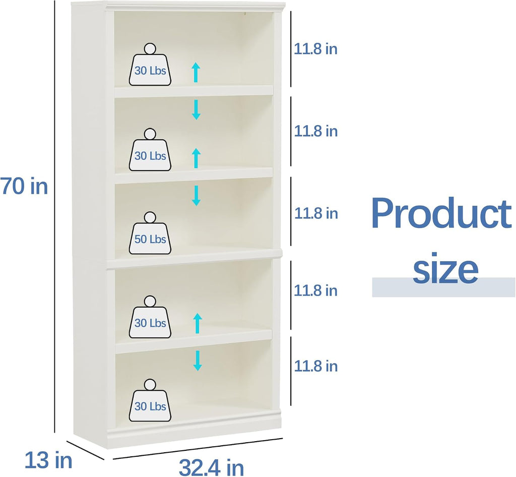 White Adjustable Tall Wooden Bookcase Shelves