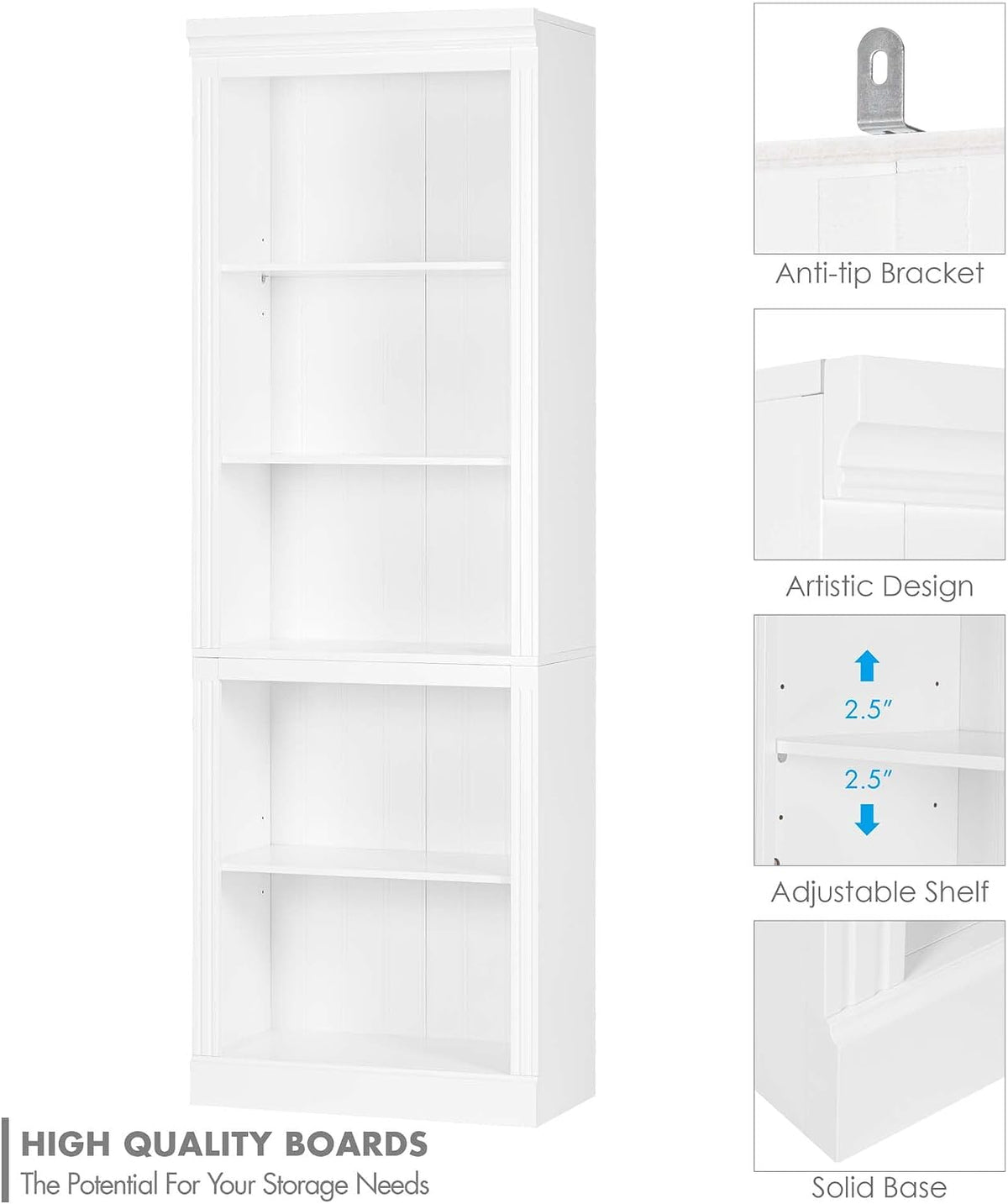 White 5‑Tier Adjustable Tall Bookcase