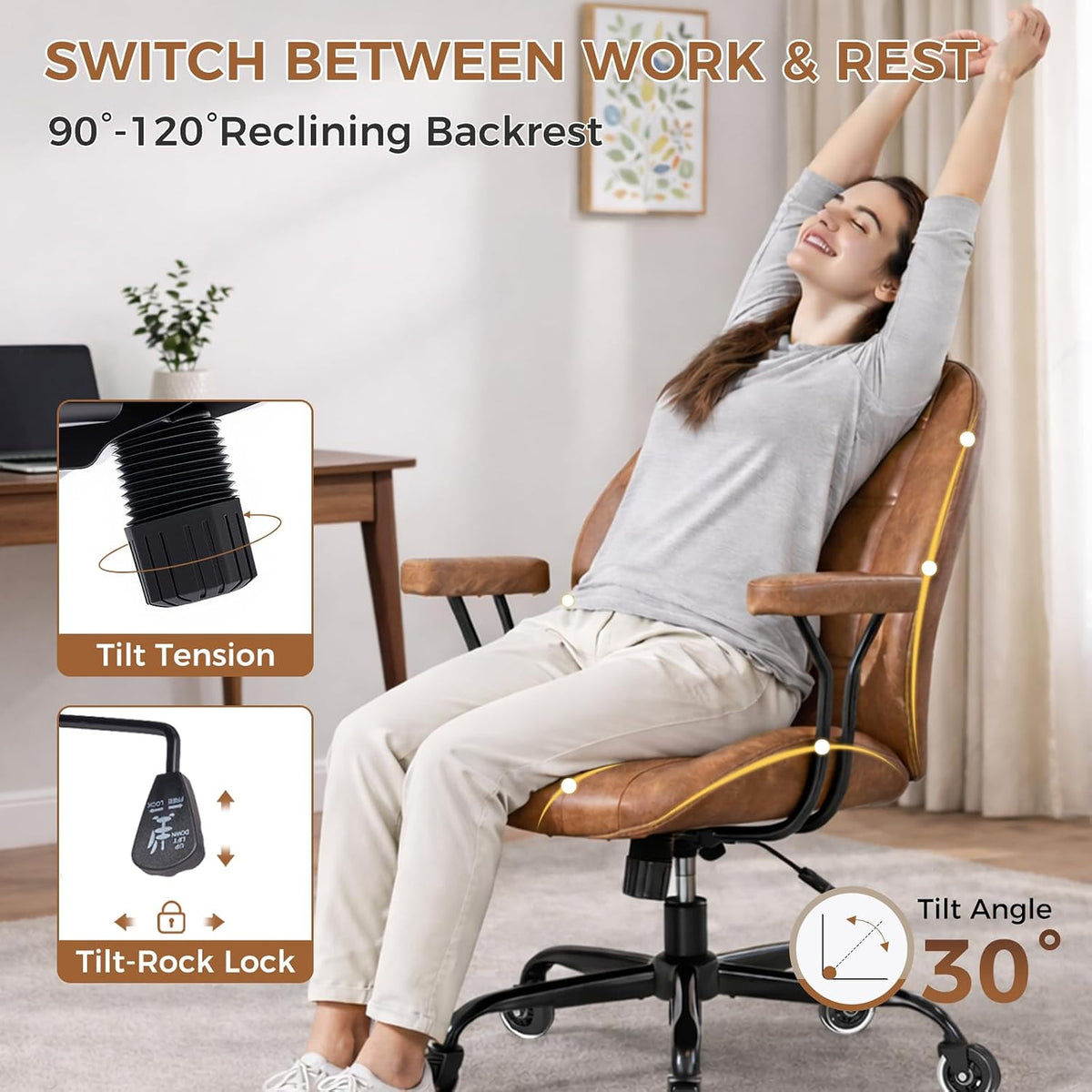 Brown Leather Swivel Office Chair Wheels