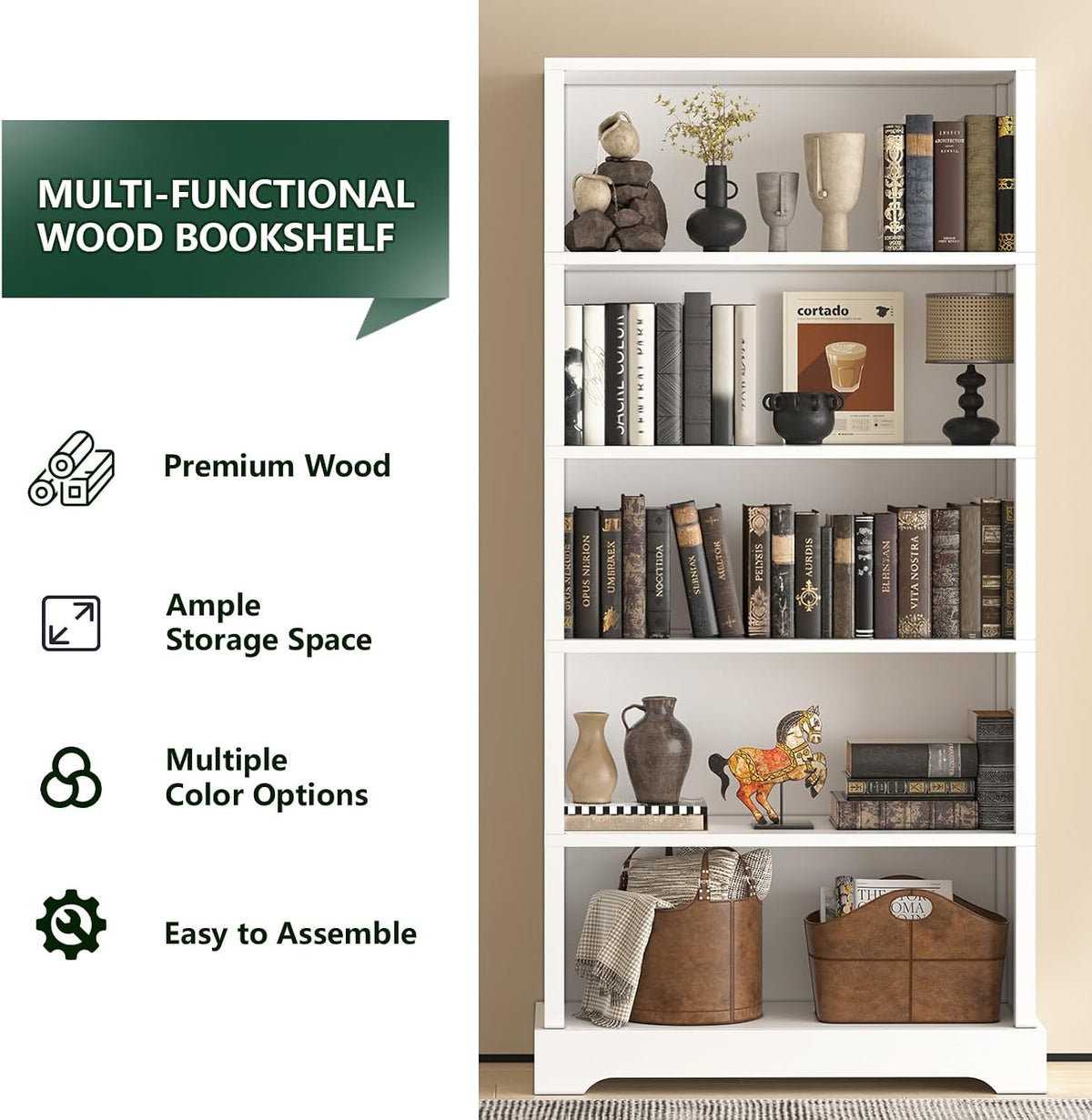 White Farmhouse Wooden Tall Bookcase Shelf