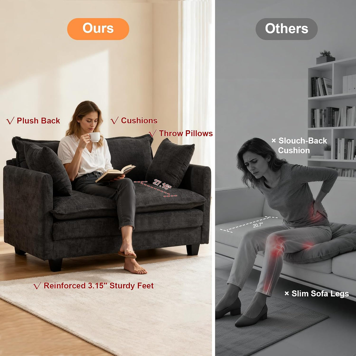 Black Modern Cloud 2‑Seat Loveseat Couch
