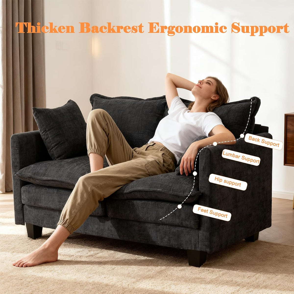 Black Modern Cloud 2‑Seat Loveseat Couch