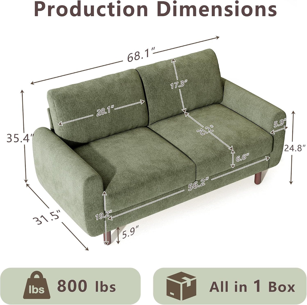 Green Mid‑Century Chenille Loveseat Sofa