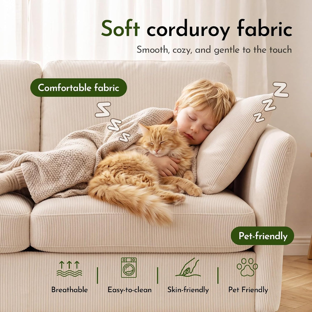 Beige Corduroy Modern Loveseat Sofa