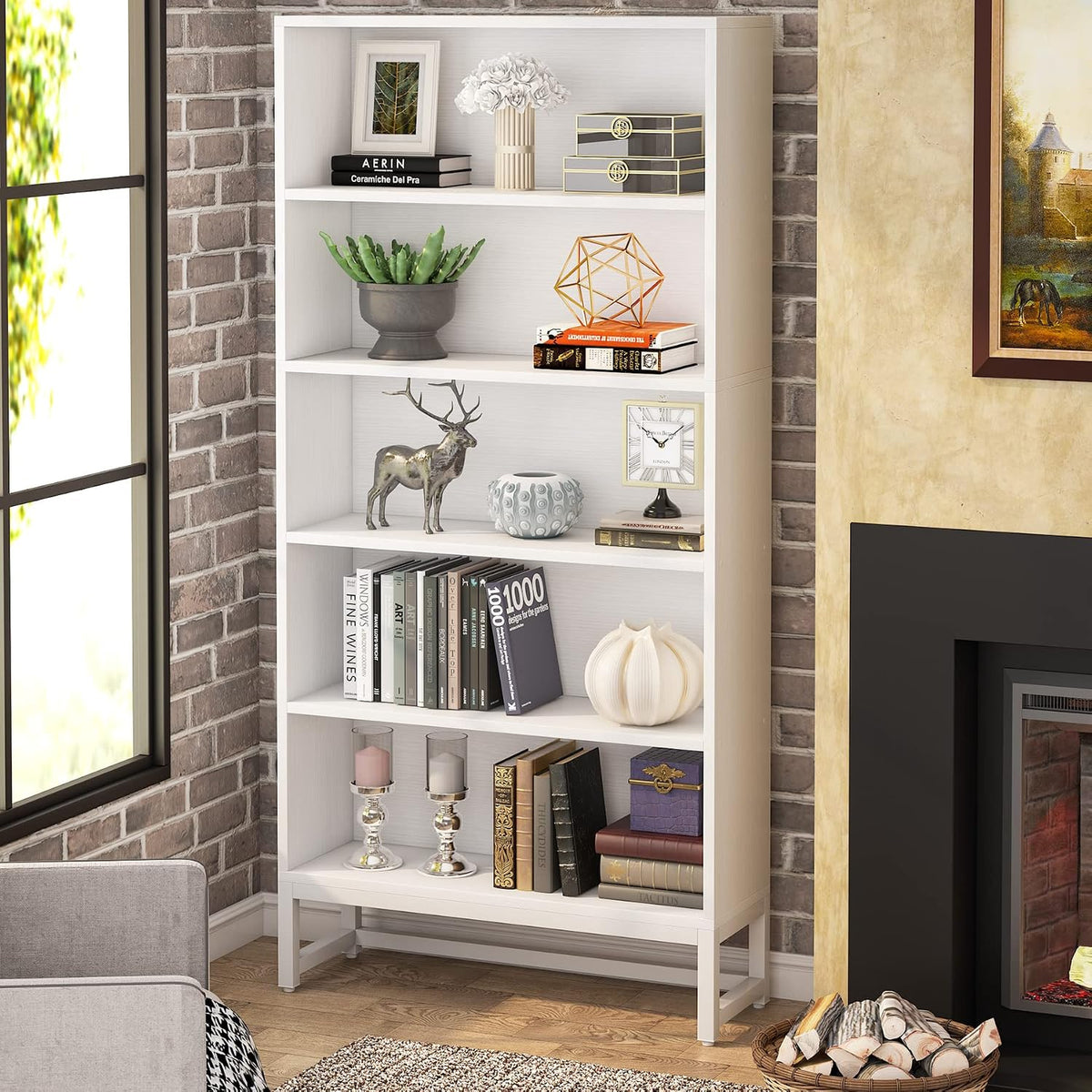 White 5‑Tier Tall Free‑Standing Bookcase
