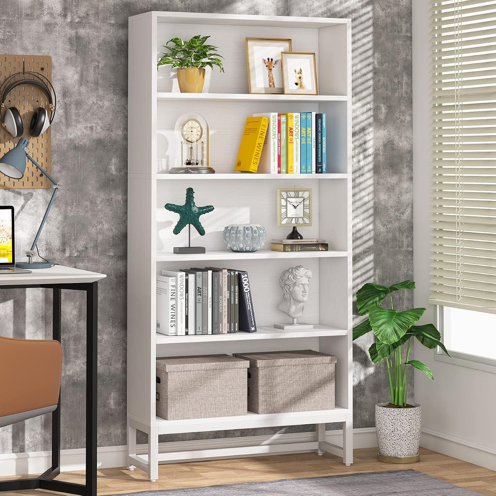 White 5‑Tier Tall Free‑Standing Bookcase