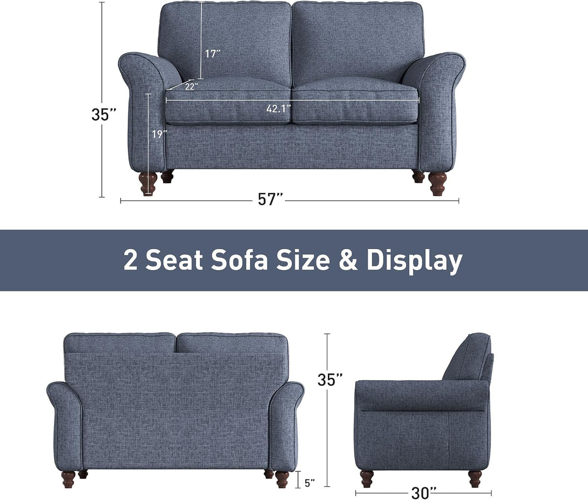 Blue 2‑Seater Comfy Living Room Loveseat