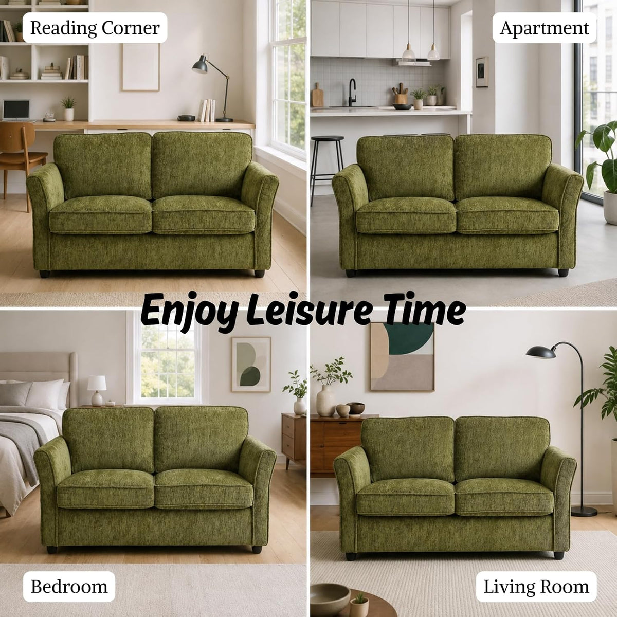 Green Chenille Fabric Living Room Loveseat Sofa