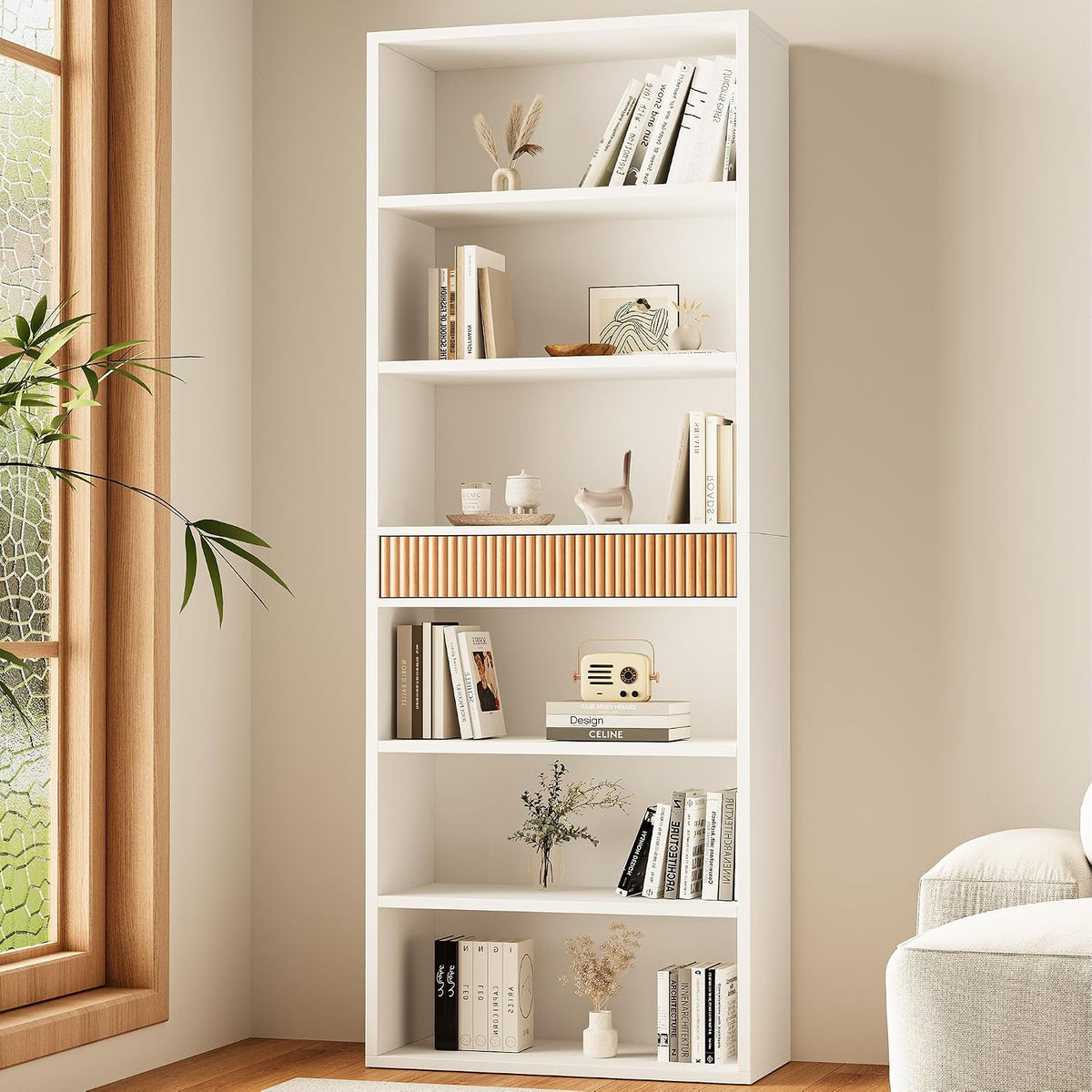 White 7‑Tier Tall Drawer Storage Bookcase