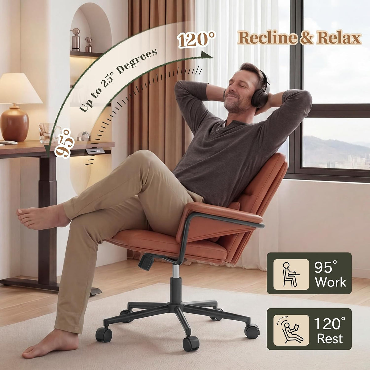 Brown PU Leather Mid‑Back Office Chair