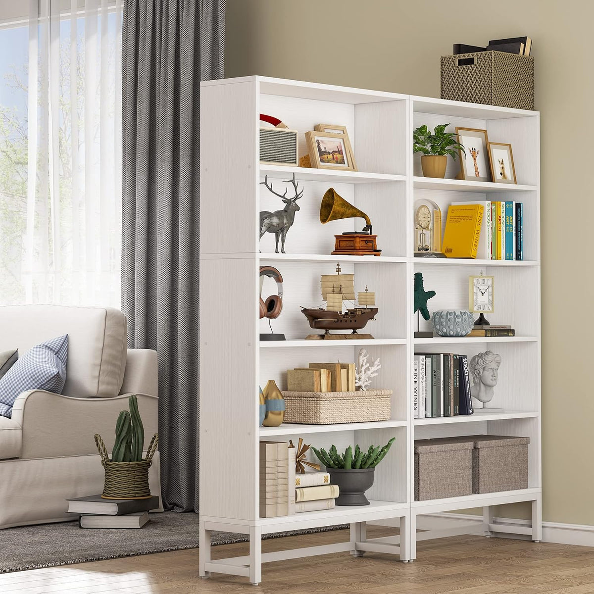 White 5‑Tier Tall Free‑Standing Bookcase