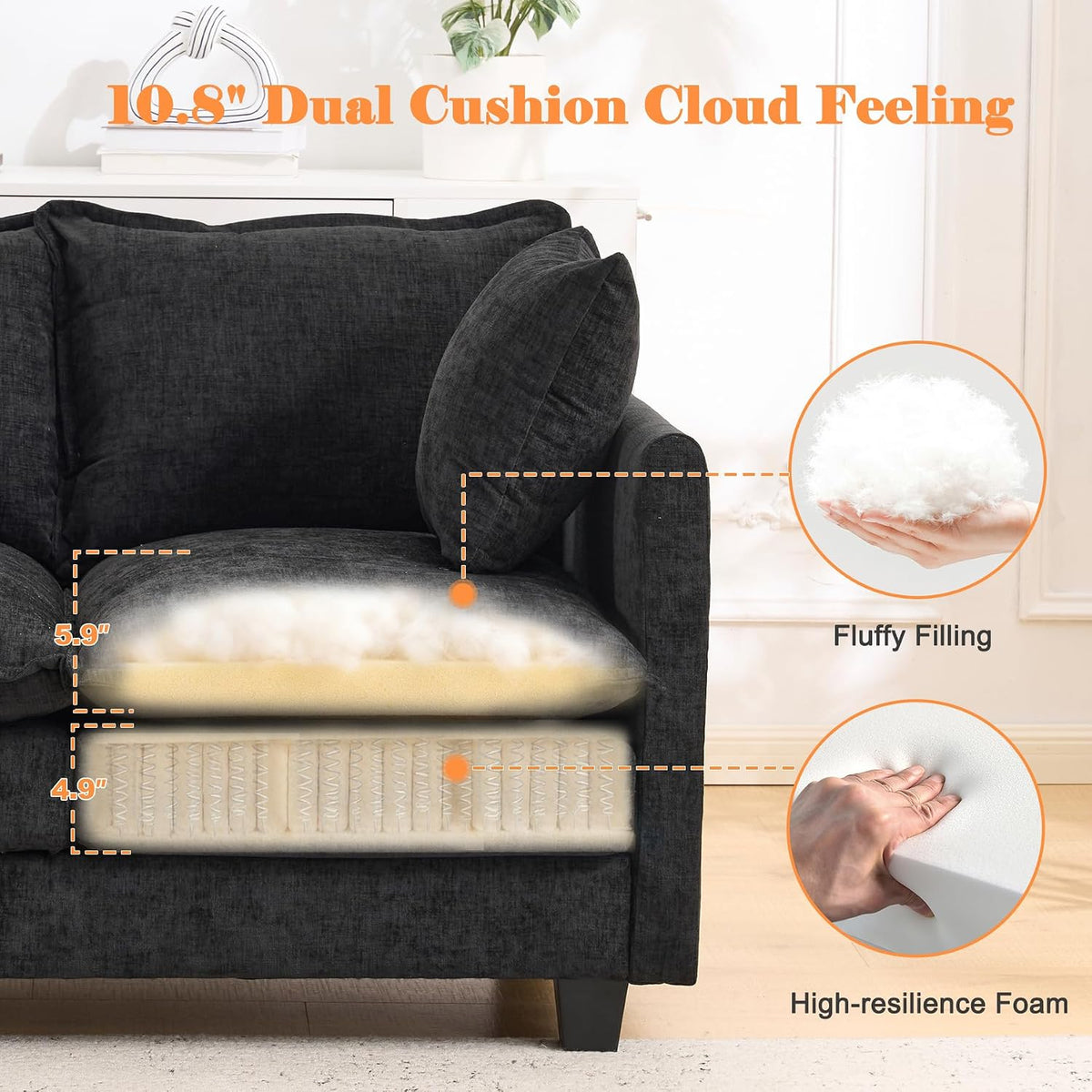 Black Modern Cloud 2‑Seat Loveseat Couch