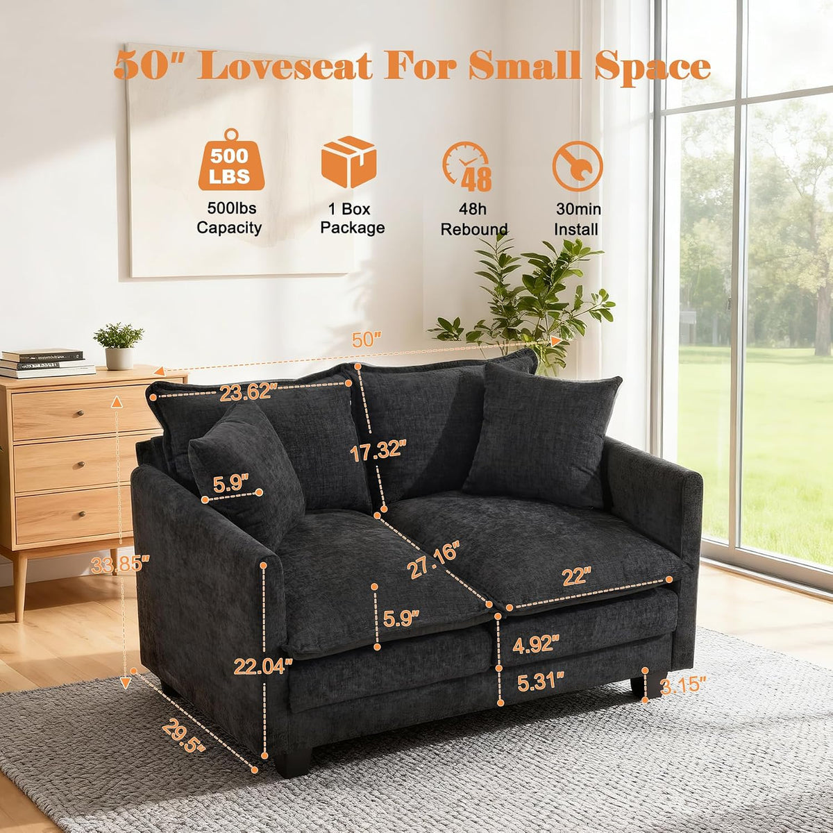 Black Modern Cloud 2‑Seat Loveseat Couch