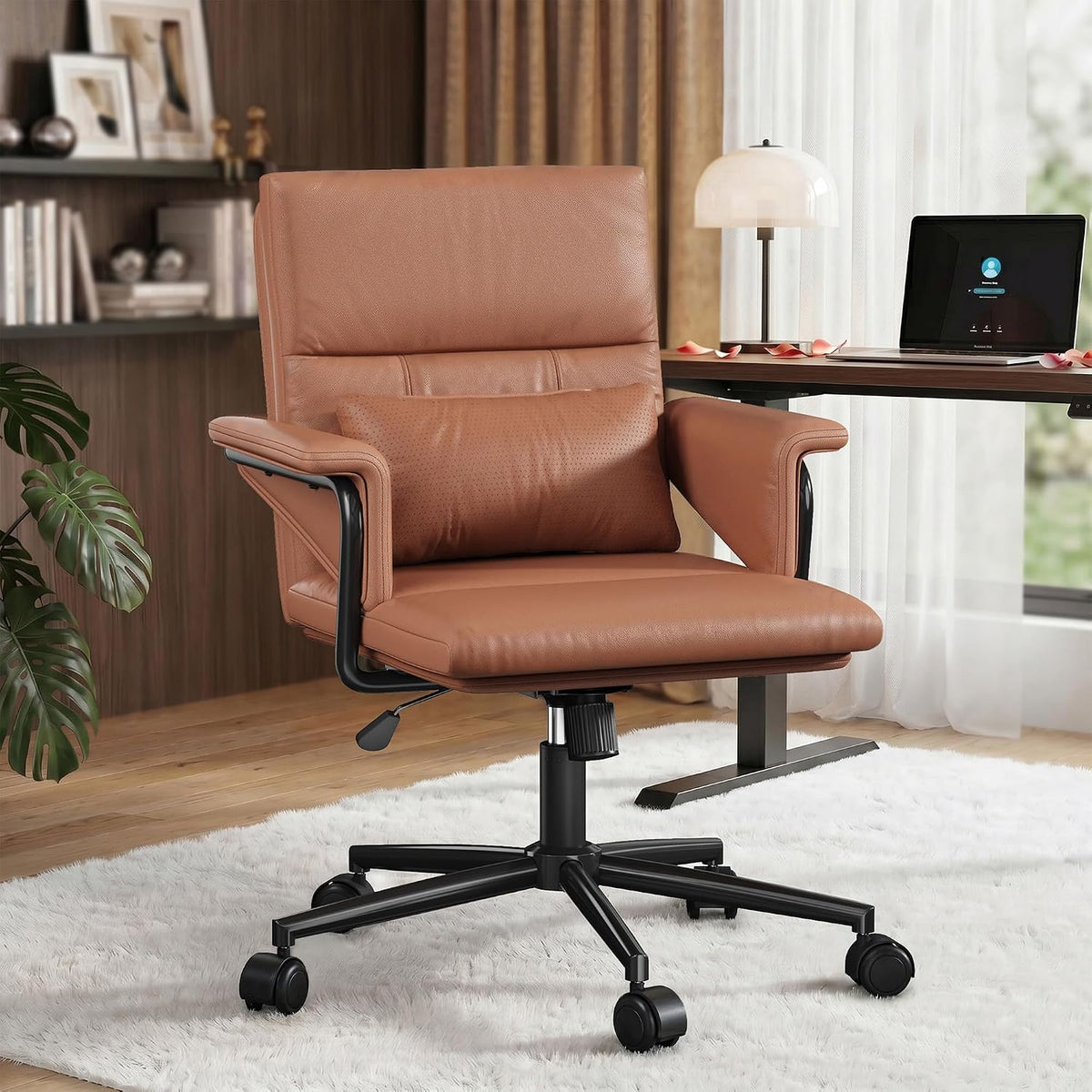 Brown PU Leather Mid‑Back Office Chair