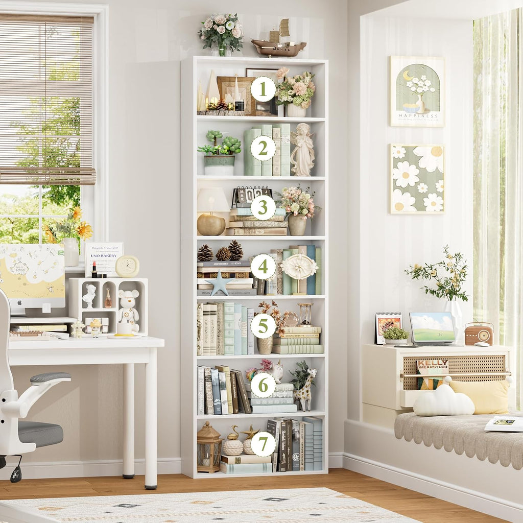 White 7‑Tier Tall Open Bookshelf