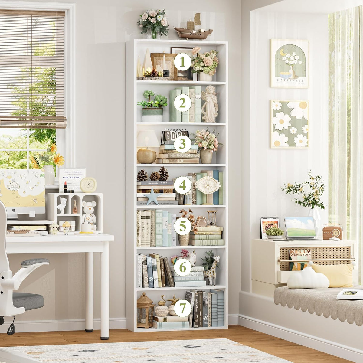 White 7‑Tier Tall Open Bookshelf