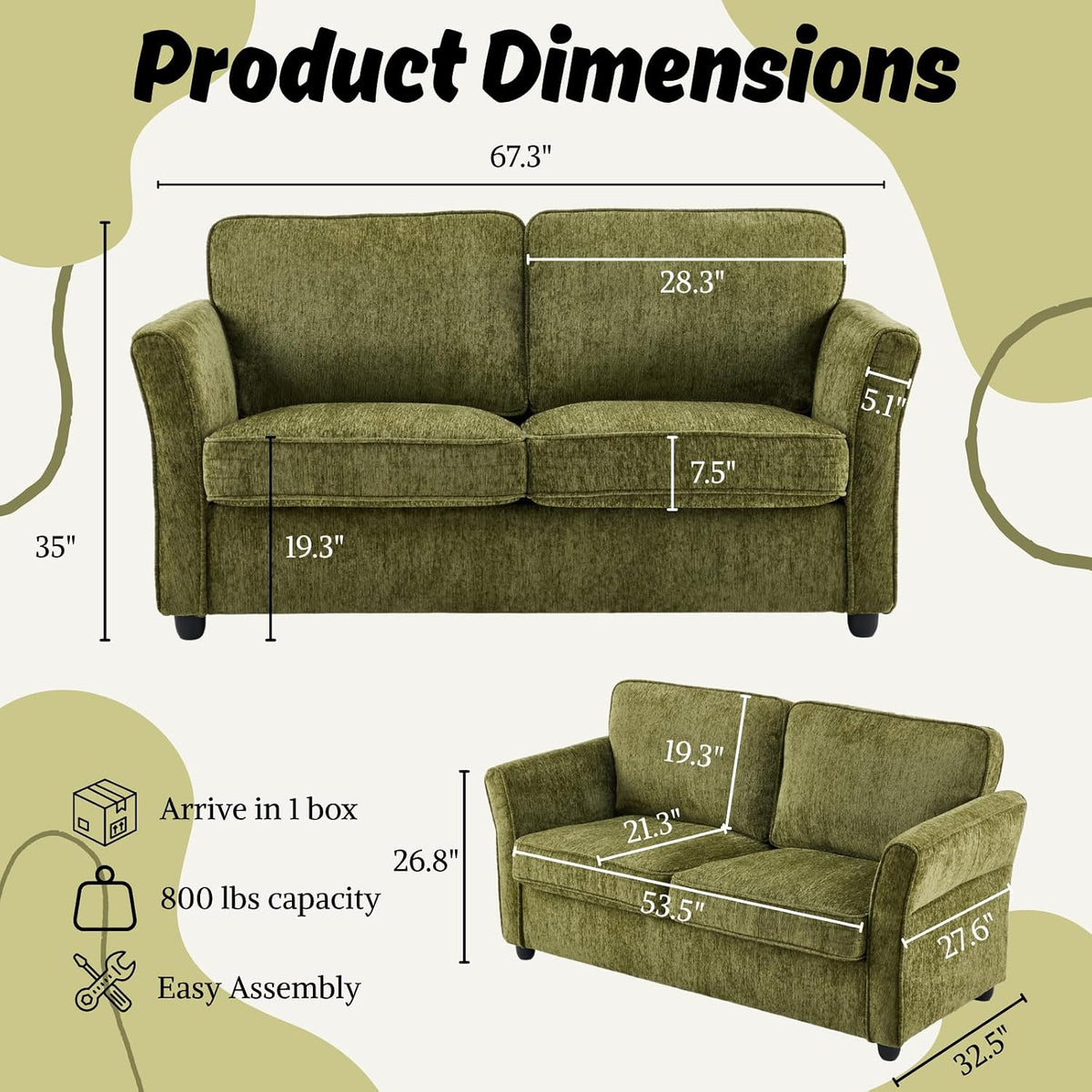 Green Chenille Fabric Living Room Loveseat Sofa