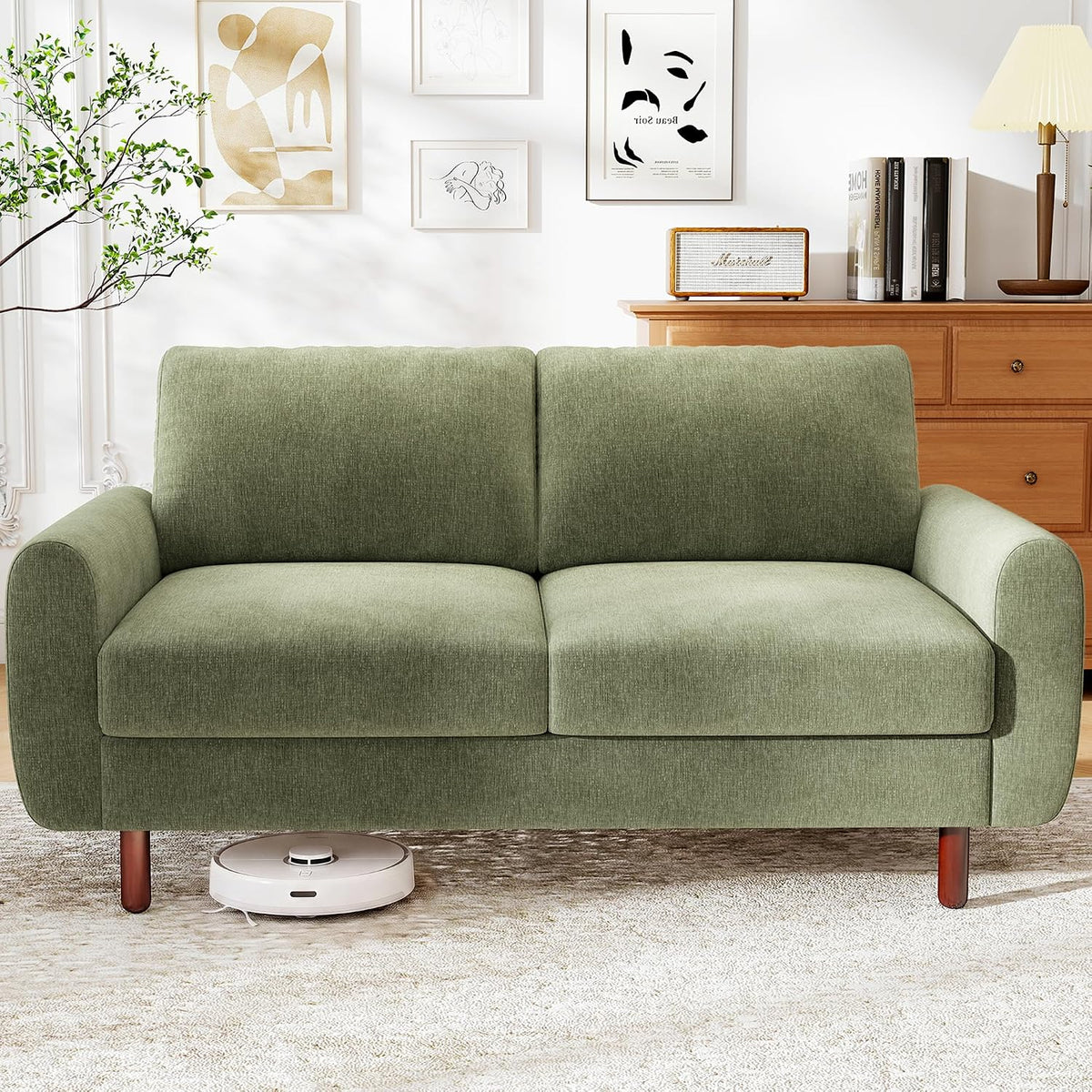 Green Mid‑Century Chenille Loveseat Sofa
