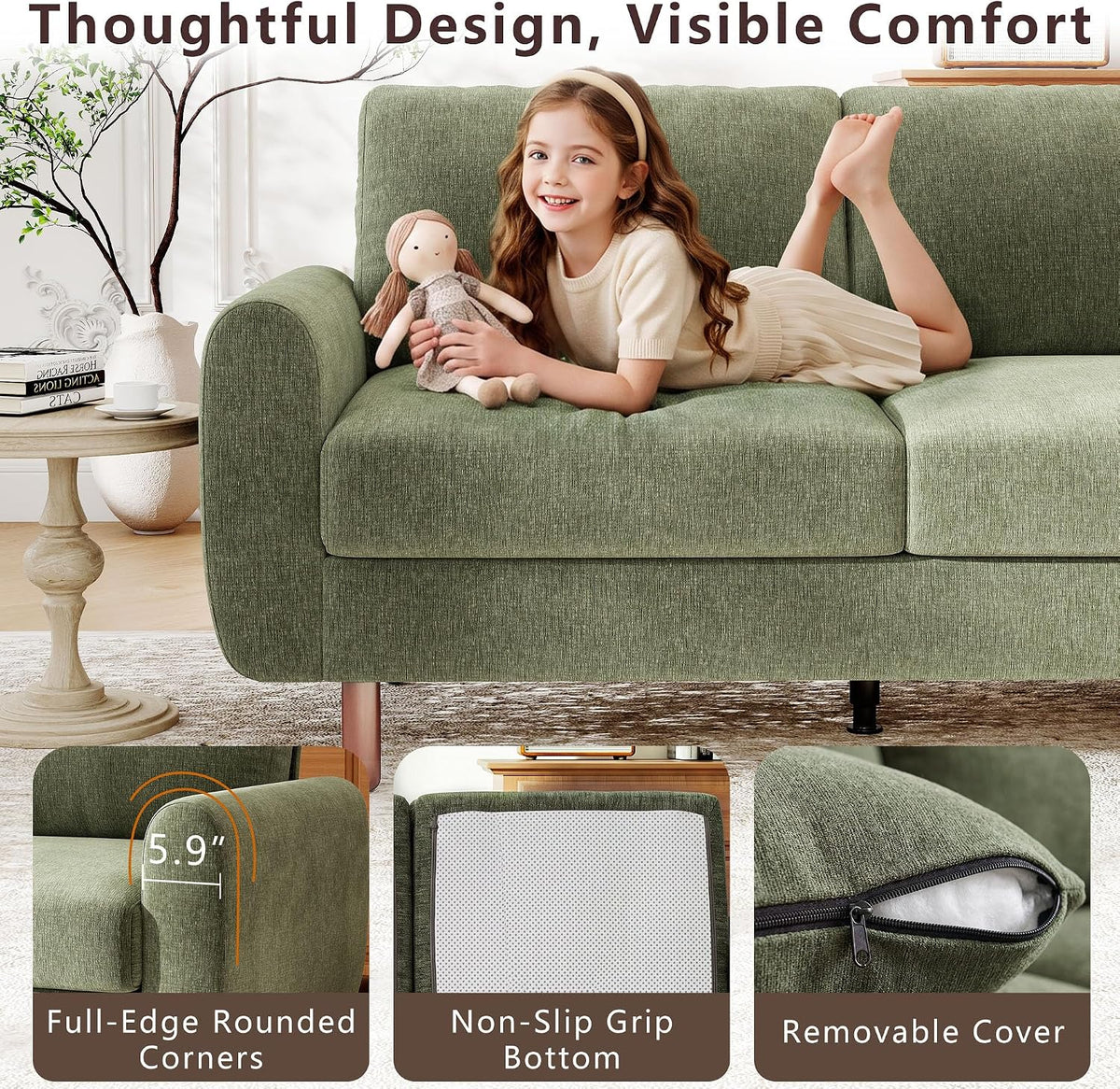 Green Mid‑Century Chenille Loveseat Sofa