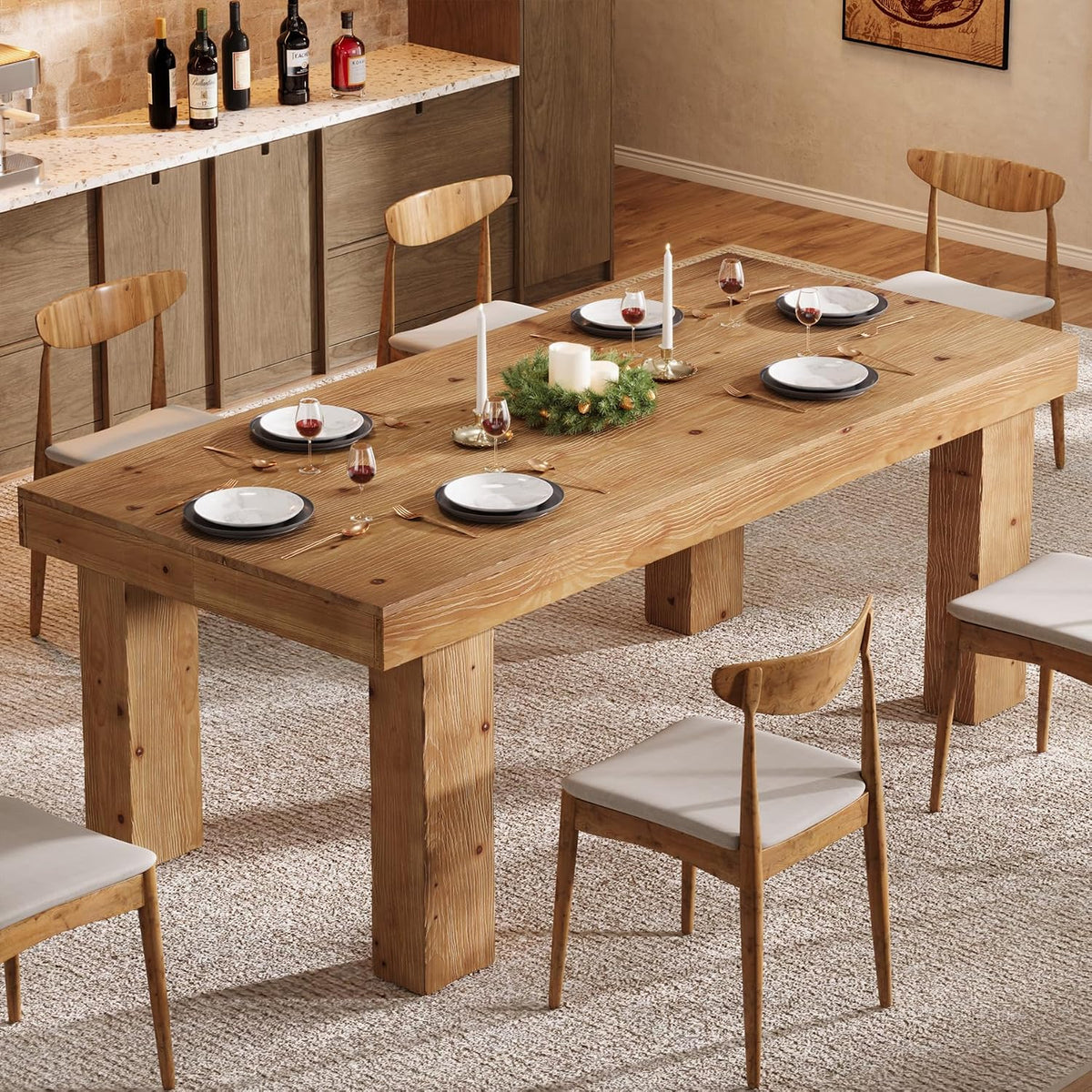 Light Brown Farmhouse Solid Wood Dining Table